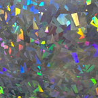 Smashed glass holographic vinyl with a rainbow spectrum finish and geometric, light-reflecting shards for signage.