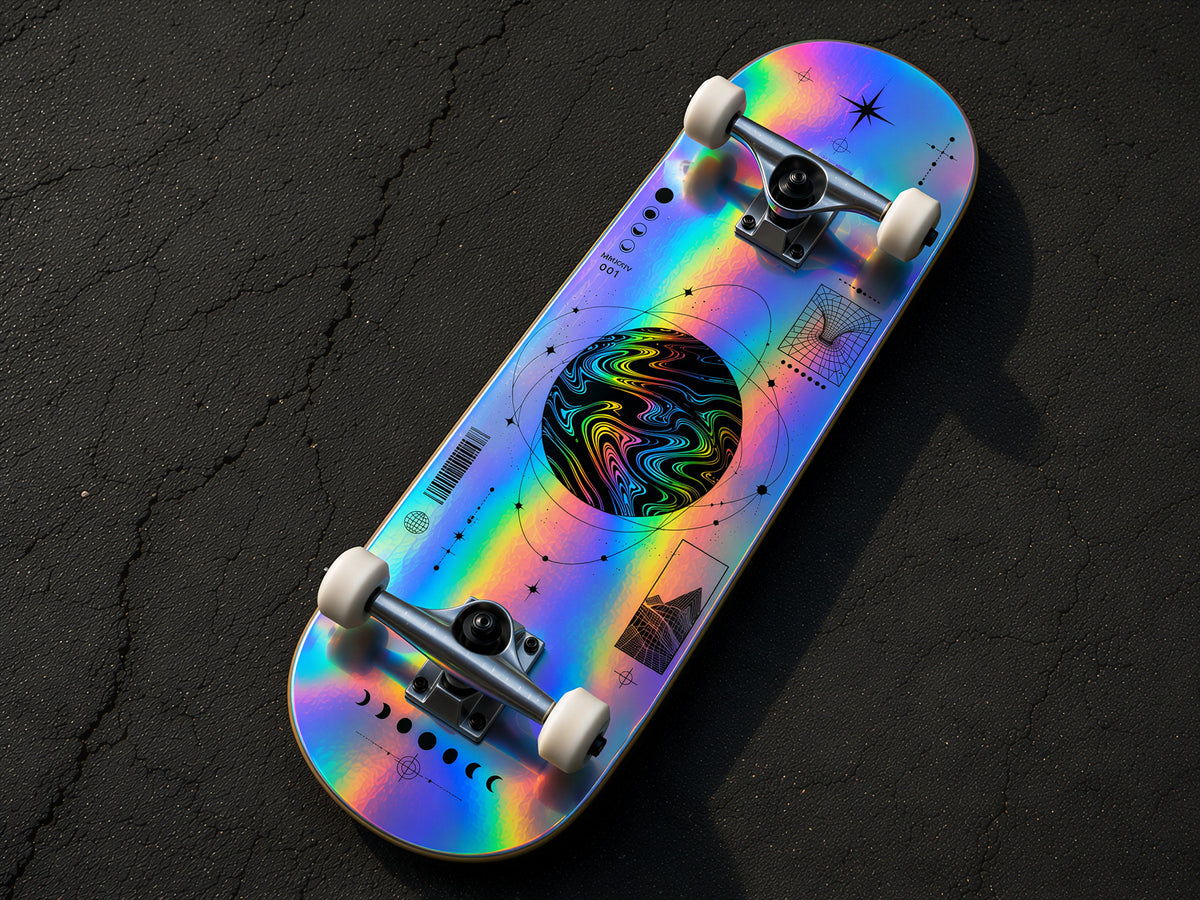 A skateboard with a vibrant holographic rainbow deck, featuring a central psychedelic swirl graphic and celestial illustrations, resting on a dark asphalt surface.
